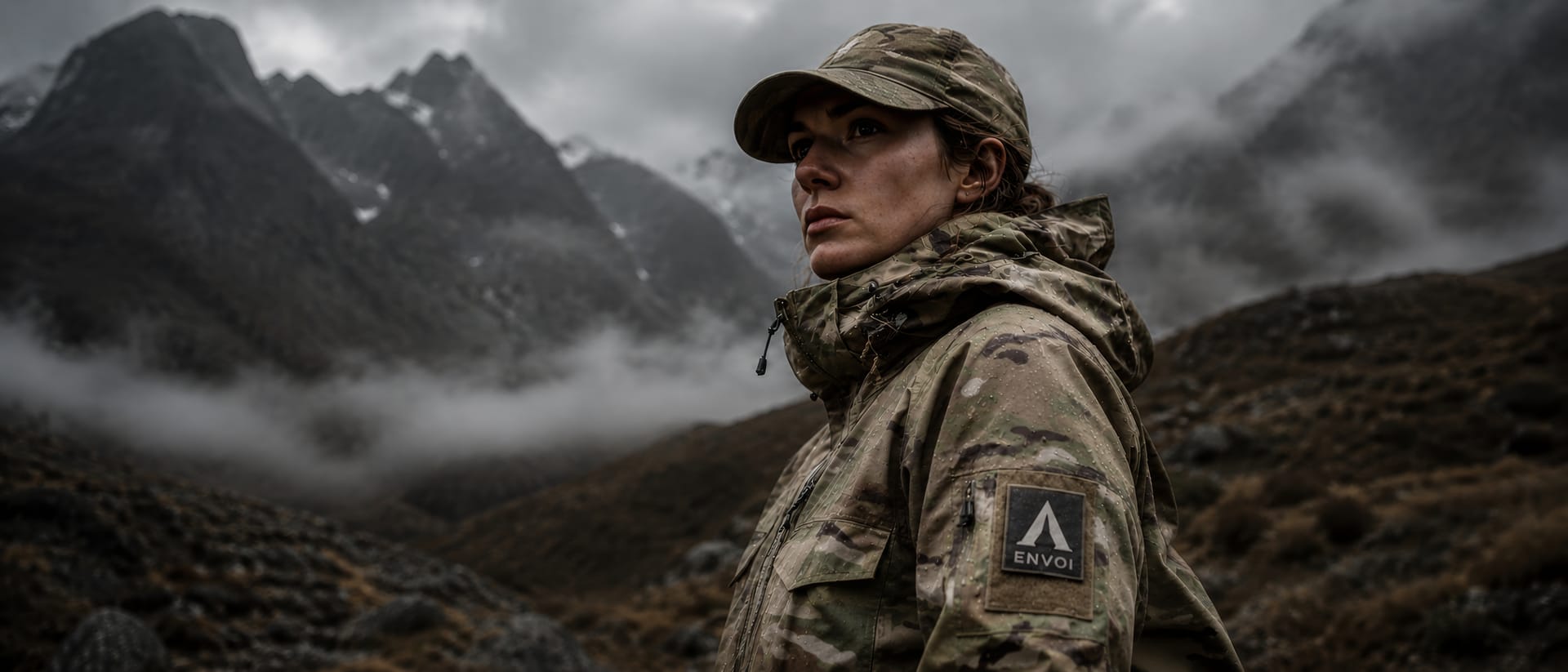 An ENVOI operator in alpine terrain wearing female-first load-bearing tactical gear